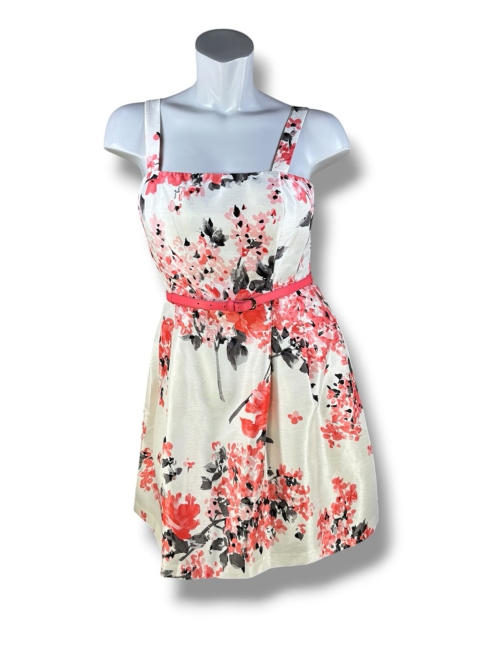 Jessica H Floral Coral-White Fit and Flare Midi Dress with Belt & Straps in 10P